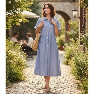 Talbots Petites Blue & White Happy Stripe Drop Waist 100% Linen Shirt Dress MP